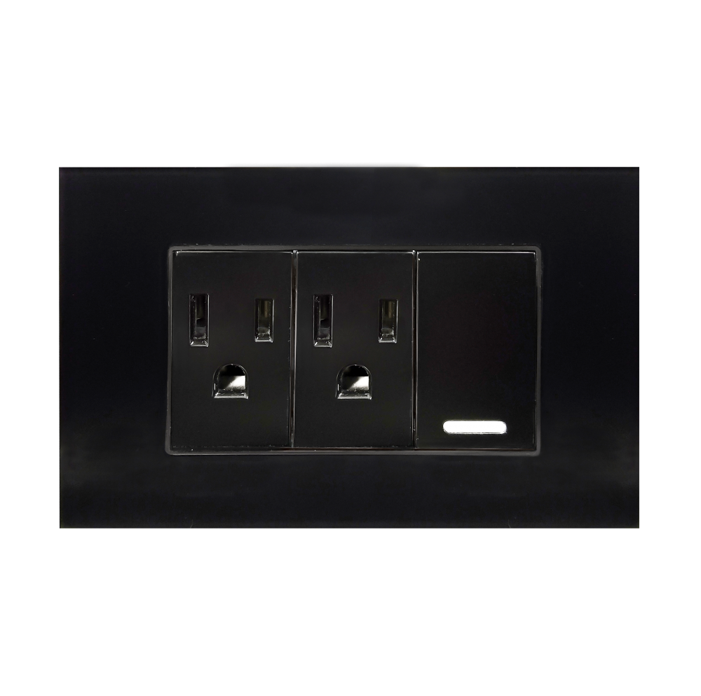 APAGADOR Y CONTACTO DOBLE DE 24MM CON PLACA DE ACRILICO NEGRO